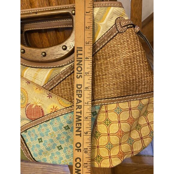 Fossil Patchwork Purse Canvas Rattan Wood Handle Detachable Leather Strap Pocket - Picture 7 of 11